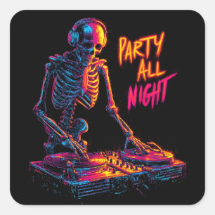 Dynamic Neon-Colored Skeleton DJ Spinning Records  Square Sticker