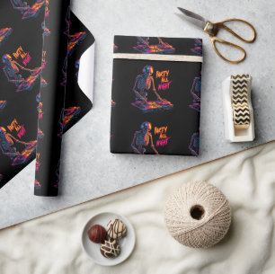 Dynamic Neon-Colored Skeleton DJ Spinning Records Wrapping Paper