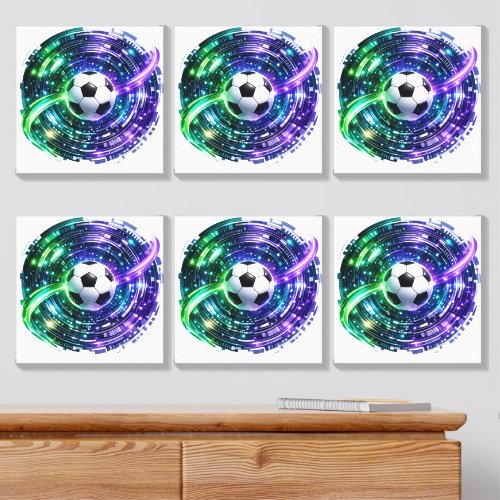 Dynamic Neon Purple Green Tech Soccer Ball Canvas Photo Tile