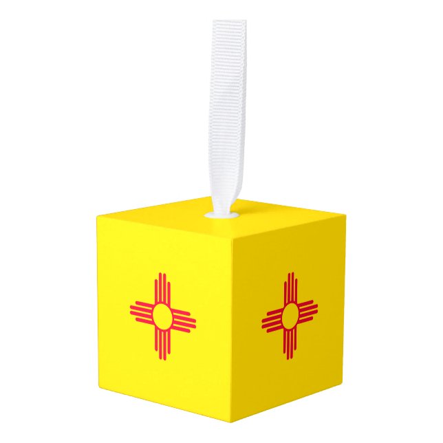 Dynamic New Mexico State Flag Graphic on a Cube Ornament (Front Angled)