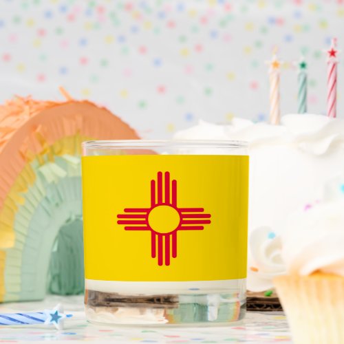 Dynamic New Mexico State Flag Graphic on a Scented Candle