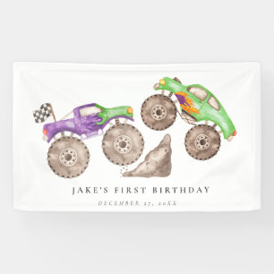 Dynamic Purple Green Monster Trucks Birthday Banner