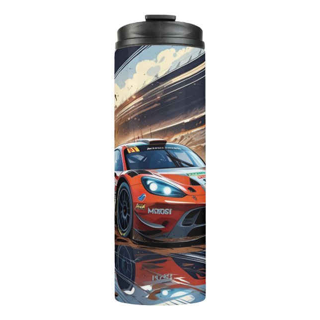 Dynamic Racing Car Illustration with Splashing Mud Thermal Tumbler (Front)