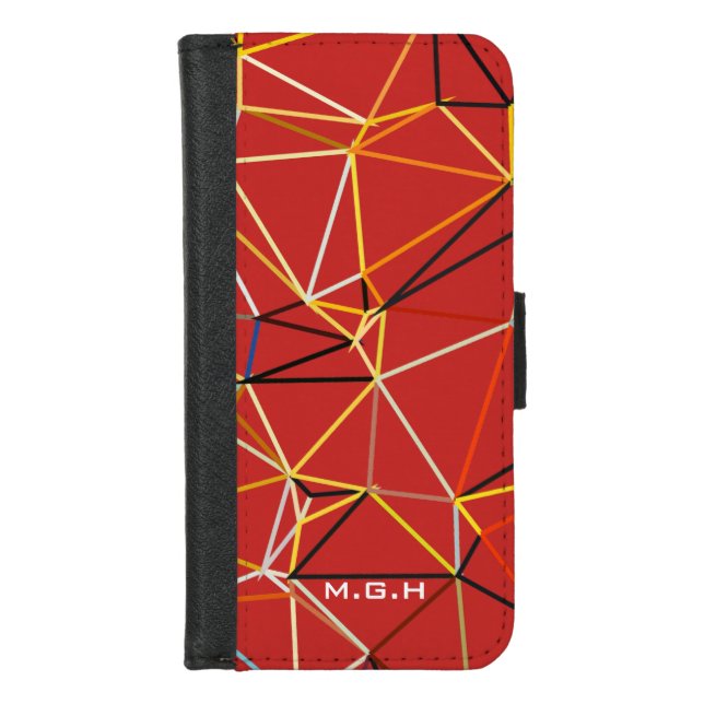 Dynamic Red Abstract Geometric Monogram iPhone Wallet Case (Front)
