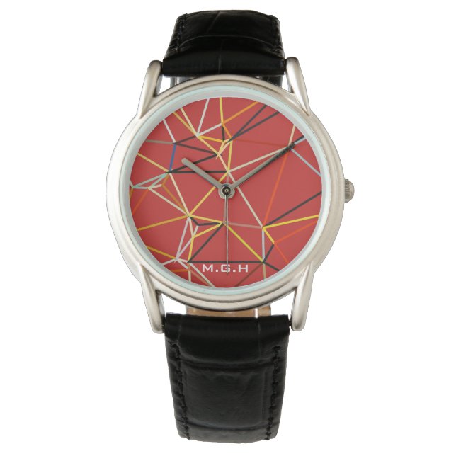 Dynamic Red Abstract Geometric Monogram Watch (Front)
