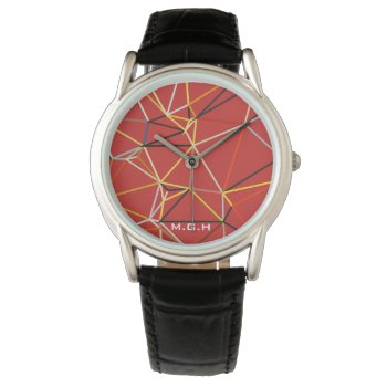 Dynamic Red Abstract Geometric Monogram Watch by LouiseBDesigns at Zazzle