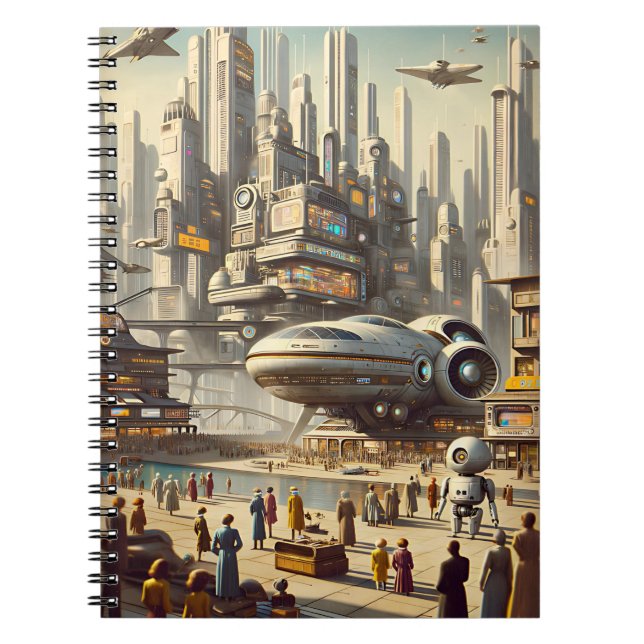 Dynamic Retro-Futuristic Spaceport Sci-Fi Notebook (Front)