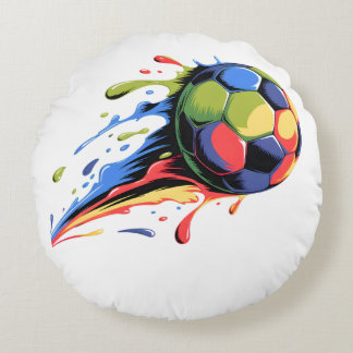 Dynamic Soccer Ball Paint Splatter Colorful Sports Round Pillow