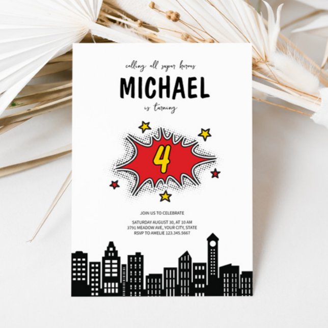 Dynamic Superhero 4th Birthday Invitation  (Creator Uploaded)