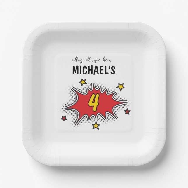 Dynamic Superhero 4th Birthday Paper Plates (Front)