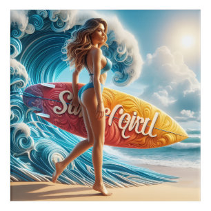 Dynamic Surfer Girl Walking Beach Waves Art