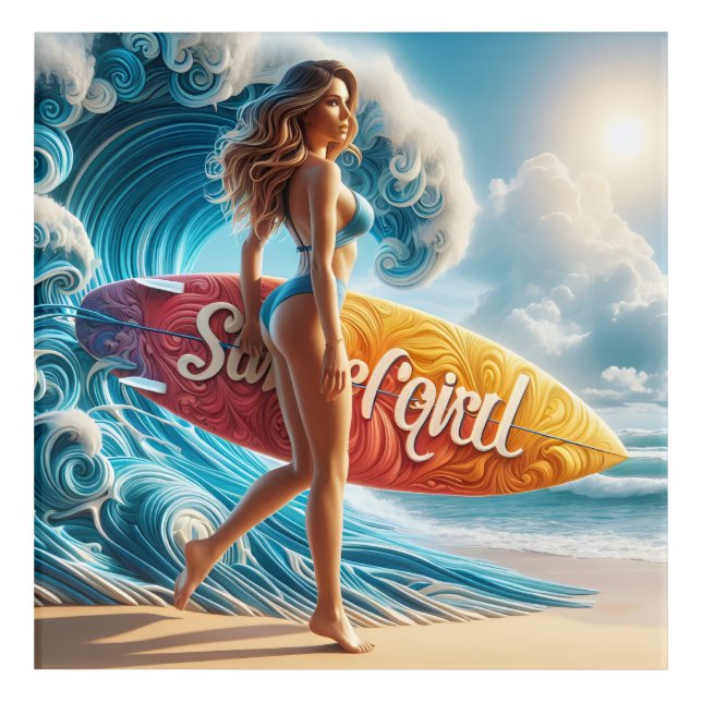 Dynamic Surfer Girl Walking Beach Waves Art (Front)