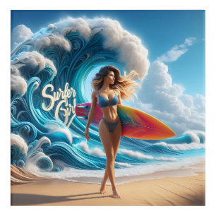 Dynamic Surfer Girl Walking Beach Waves Art