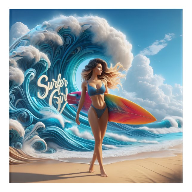 Dynamic Surfer Girl Walking Beach Waves Art (Front)