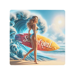 Dynamic Surfer Girl Walking Beach Waves Art