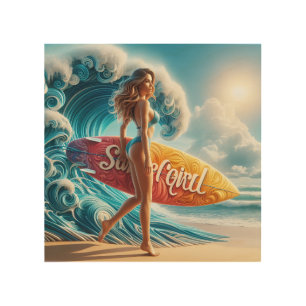 Dynamic Surfer Girl Walking Beach Waves Art