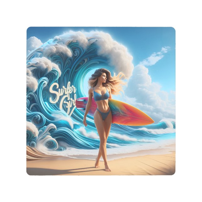 Dynamic Surfer Girl Walking Beach Waves Art (Front)