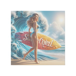 Dynamic Surfer Girl Walking Beach Waves Art