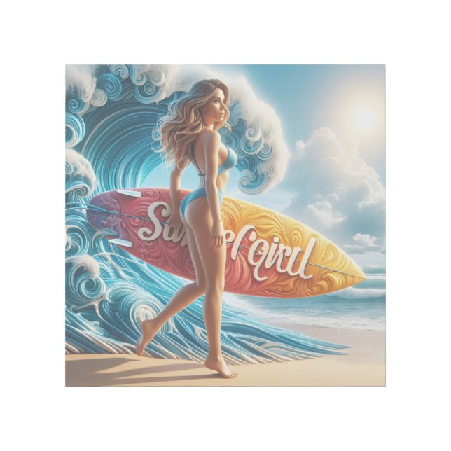Dynamic Surfer Girl Walking Beach Waves Art (Front)