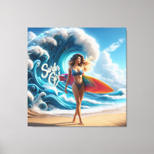 Dynamic Surfer Girl Walking Beach Waves Art Canvas Print