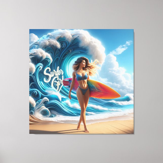 Dynamic Surfer Girl Walking Beach Waves Art Canvas Print (Front)