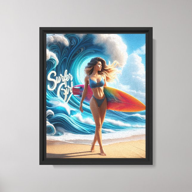 Dynamic Surfer Girl Walking Beach Waves Art Canvas Print (Front)