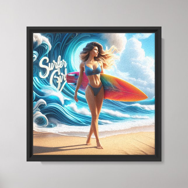 Dynamic Surfer Girl Walking Beach Waves Art Canvas Print (Front)