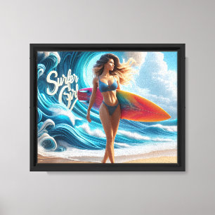 Dynamic Surfer Girl Walking Beach Waves Art Canvas Print