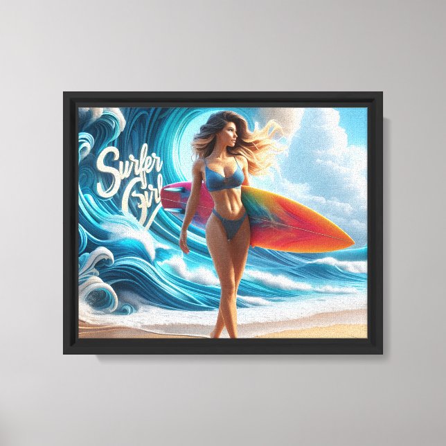 Dynamic Surfer Girl Walking Beach Waves Art Canvas Print (Front)
