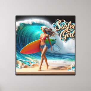 Dynamic Surfer Girl Walking Beach Waves Art Canvas Print