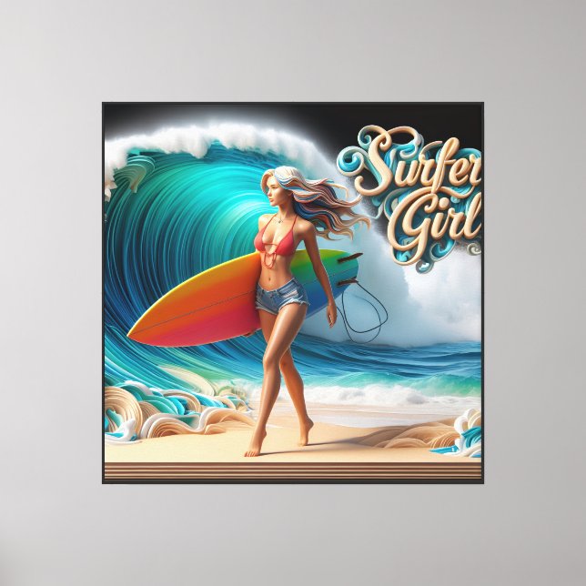 Dynamic Surfer Girl Walking Beach Waves Art Canvas Print (Front)
