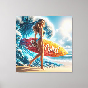 Dynamic Surfer Girl Walking Beach Waves Art Canvas Print