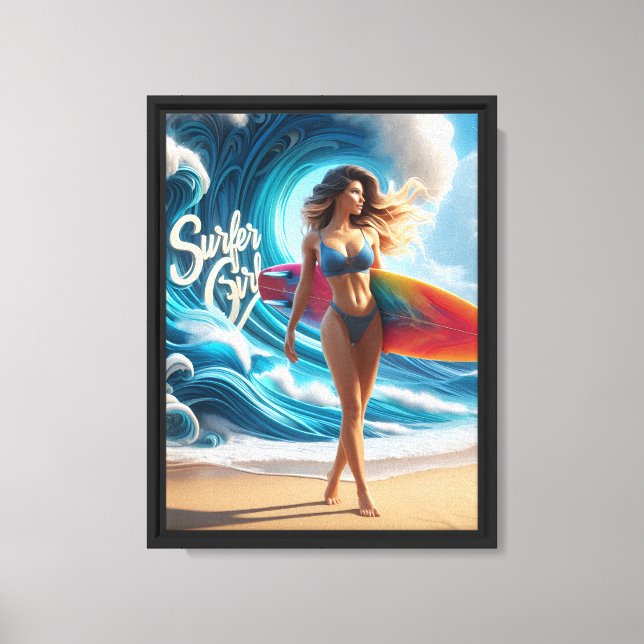 Dynamic Surfer Girl Walking Beach Waves Art Canvas Print (Front)
