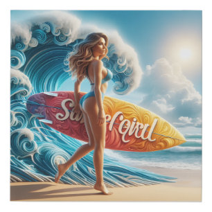 Dynamic Surfer Girl Walking Beach Waves Art Faux Canvas Print