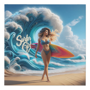 Dynamic Surfer Girl Walking Beach Waves Art Faux Canvas Print