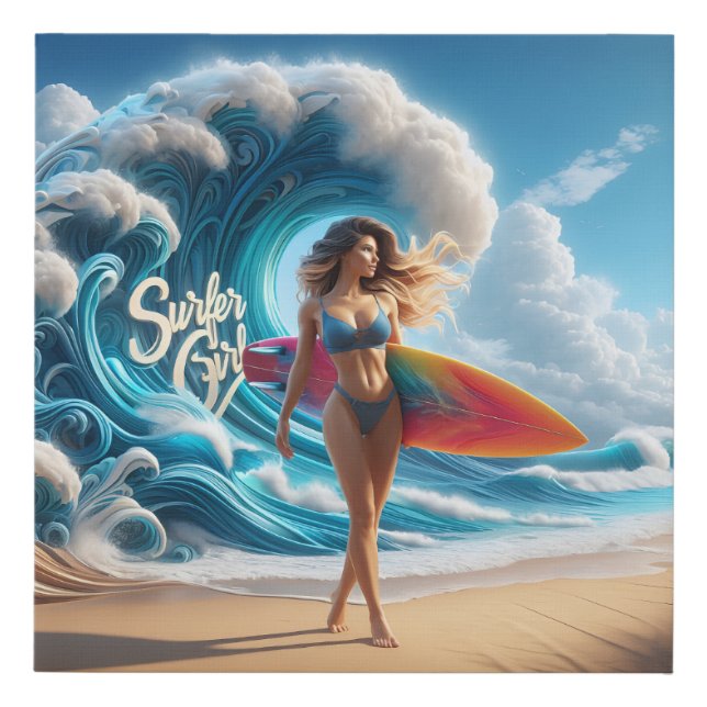 Dynamic Surfer Girl Walking Beach Waves Art Faux Canvas Print (Front)