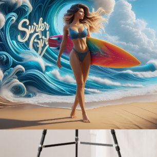 Dynamic Surfer Girl Walking Beach Waves Art Foam Board