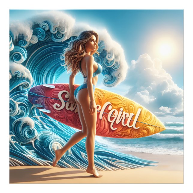 Dynamic Surfer Girl Walking Beach Waves Art Photo Print (Front)