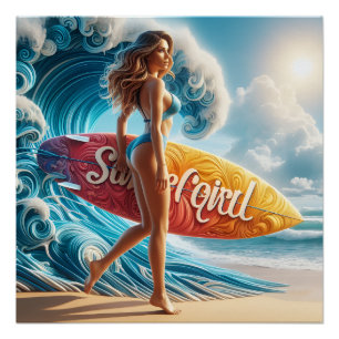 Dynamic Surfer Girl Walking Beach Waves Art Poster