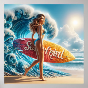 Dynamic Surfer Girl Walking Beach Waves Art Poster
