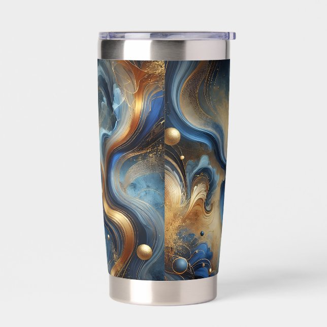 Dynamic Swirls of Blue and Gold Tumbler (Left)