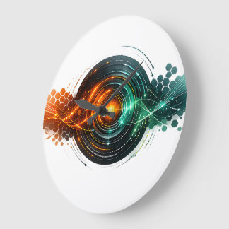 Dynamic Teal Orange Tech Light Waves Large Clock
