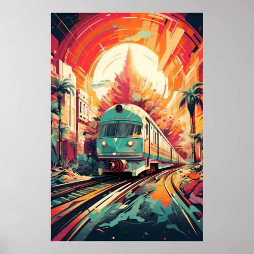 Dynamic Tracks Vibrant Train Art on Abstract Rail Poster