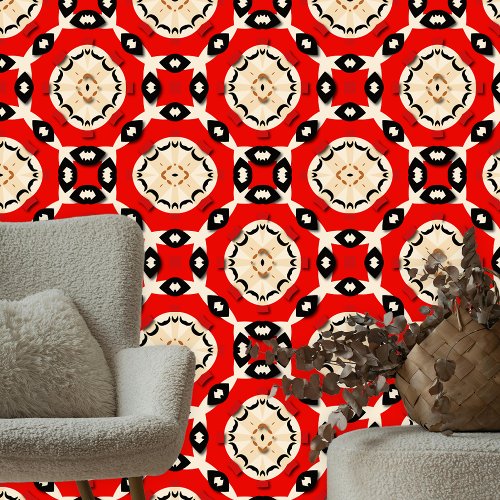 Dynamic Vibrant Red Beige Ethnic Folk Mosaic Wallpaper