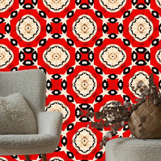Dynamic Vibrant Red Beige Ethnic Folk Mosaic Wallpaper (Creator Uploaded)