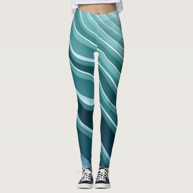 Dynamic wave pattern in teal and turquoise leggings (Front)