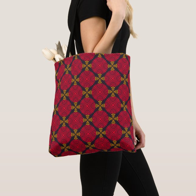 Dynasty Geometry: Red Traditional Chinese Pattern Tote Bag (Close Up)