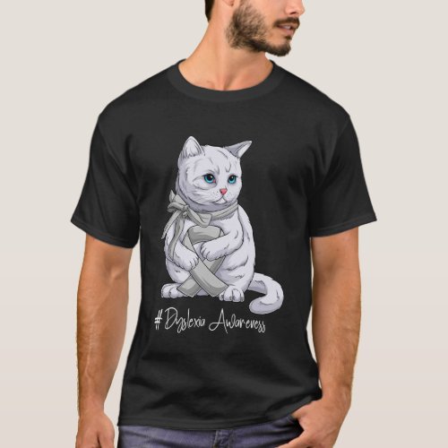 Dyslexia Awareness Month Silver Ribbon Cat T_Shirt