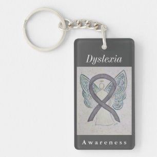 Dyslexia Awareness Silver Ribbon Angel Keychain