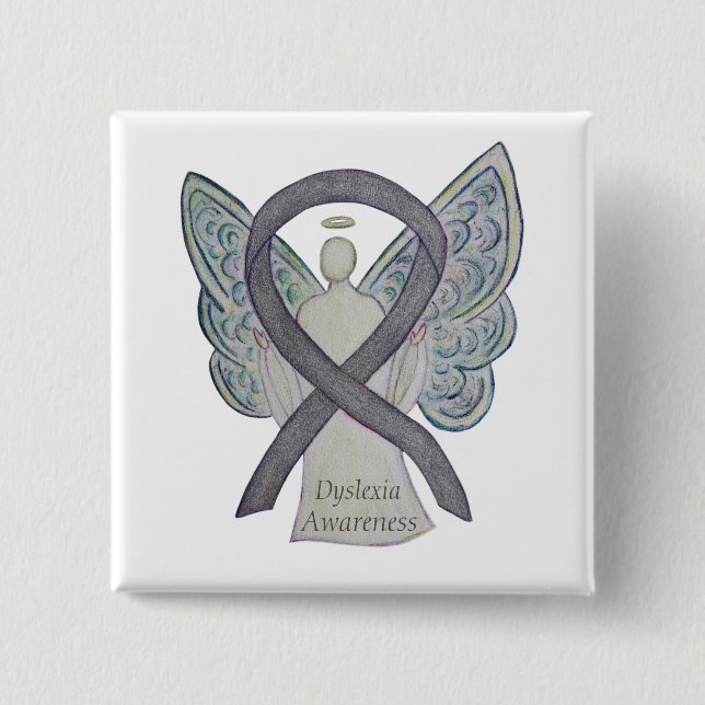 Dyslexia Silver Awareness Ribbon Angel Custom Pin (Front)